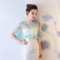 Elegant bridal wedding cape shawl with light green lace overlay, perfect for evening dress. - Lake Blue