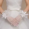 White lace bridal gloves with floral bow, fingerless hollow mesh wedding party costume accessory. - One Size / Style 13