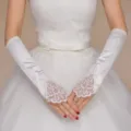 Bridal long satin lace fingerless wedding gloves with pearl beading for wedding dress accessory - One Size / Style 15