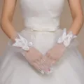 White lace bridal gloves with satin bow, fingerless wedding gloves for bride performance. - One Size / Style 16