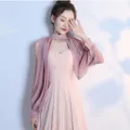 Women chiffon long sleeve shawl detail view, elegant pink bridal cover up accessory. - Dusty Pink