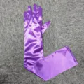 Purple satin long evening gloves detail shot, elegant shiny fabric accessory for formal events. - Purple
