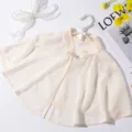 Elegant chiffon bridal shawl short cape with rhinestone button and pearl collar for women. - Champagne