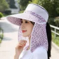 Women summer sun hat with large brim neck flap breathable mesh and floral print for outdoors - M (56-58cm) / Medium Rose Red Floral
