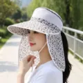 Detail shot of women summer floral sun protection hat featuring mesh top and neck flap. - M (56-58cm) / Medium Khaki Floral