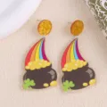 Pendientes de acrílico San Patricio olla de oro arco iris trébol joyería mujer - Olla de Monedas de Oro