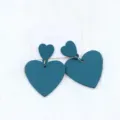 Acrylic double heart drop earrings in dark teal, minimalist matte style with display card for women. - Teal