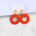 Bohemian geometric round woven earrings with gold textured stud for women fashion jewelry - Orange
