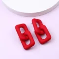 Red geometric rectangular chain link stud earrings for women, simple fashion stylish ear jewelry. - Red 2-Section