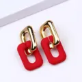 Chic geometric rectangular link earrings featuring gold metal and red matte spray finish. - Red