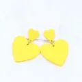 Yellow double heart acrylic stud earrings, vibrant minimalist cute ear jewelry for women. - Yellow