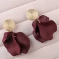 Elegant wine red petal earrings with gold round studs, stylish accessories for women. - Burgundy