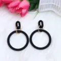 Oversized black geometric drop earrings with gold metal rings, stylish acrylic fashion jewelry for women. - Black