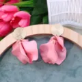Chic pink petal drop earrings with gold disc accent, elegant floral fashion jewelry for women. - Pink