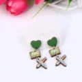 Wooden school theme earrings with green heart blackboard and colorful pencil drop design. - Style 3
