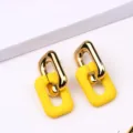 Chic gold and yellow geometric chain earrings, stylish rectangular drop fashion jewelry. - Yellow