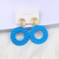 Bohemian blue woven circle stud earrings with gold textured disc for women fashion daily wear. - Blue