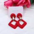 Red acrylic geometric drop earrings with gold rings, stylish women fashion jewelry items. - Red