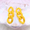 Yellow acrylic three-link chain drop earrings, minimalist long geometric ear jewelry. - Yellow