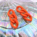 Orange acrylic chain drop earrings for women, stylish long link statement ear jewelry. - Orange