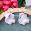 Bohemian white petal drop earrings with textured gold discs fashion women statement jewelry - White