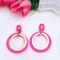 Neon pink and gold double circle drop earrings, chic acrylic geometric statement jewelry for women. - Rose Red