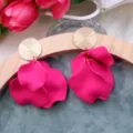 Bohemian pink petal drop earrings with gold textured stud, trendy fashion jewelry for women - Hot Pink