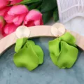 Green petal statement earrings with gold textured disc tops, bohemian fashion jewelry for women. - Green