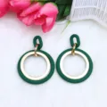 Green acrylic gold geometric hollow hoop earrings fashion dangle earrings for women chic - Dark Green