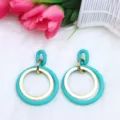 Chic turquoise and gold geometric circle acrylic drop earrings for stylish women and girls. - Lake Blue