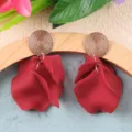 Red petal drop earrings, golden round stud, bohemian style fashion jewelry for women. - Red