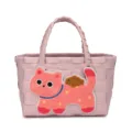 Rosa gewebte Handtasche mit süßer Katzen Applikation Sommer Strand Urlaub Shopper Tasche - Hellrosa