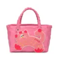 Pink woven basket handbag for women summer beach vacation, cute cat plush patch design. - Rose Pink