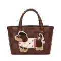 Handwoven brown tote bag featuring a cute embroidered dachshund dog patch, summer beach resort style. - Coffee Brown
