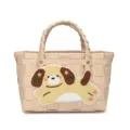 Woven basket handbag for women, cute puppy patch design, beige summer beach tote bag, casual. - Khaki