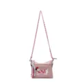 Rosa Mini Canvas Umhängetasche mit süßem gesticktem Hundemuster und geflochtenem Gurt. - Rosa
