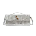 Silver woven baguette bag, elegant metallic shoulder crossbody handbag for women daily wear. - Silver