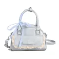 Light blue sweet style handbag with lace trim, bow knot and stylish check ribbon handle. - Blue