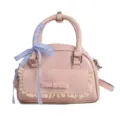 Pink PU leather handbag with cute lace trim and blue plaid ribbon, sweet casual crossbody bag for women. - Pink