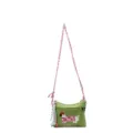 Green canvas mini crossbody bag with embroidered dog design and colorful braided shoulder straps. - Green