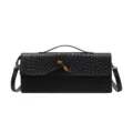 Black woven leather shoulder bag, stylish baguette handbag with metal knot and strap. - Black