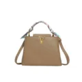 Brown Litchi Grain Leather Handbag with Gold V Logo and Printed Twilly Scarf Crossbody - Khaki