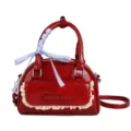 Red patent leather handbag for women, sweet style shoulder bag with lace trim and bowknot. - Red
