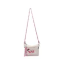 Charming canvas crossbody bag featuring cute embroidered dachshund, colorful braided strap. - White