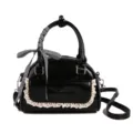 Black mini handbag with lace trim and gingham bow ribbon, stylish crossbody casual purse. - Black