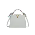 Light grey leather top handle shoulder bag with gold metal V logo and patterned twilly scarf. - Light Gray