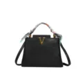Black Litchi Pattern Leather Handbag with Metal V Logo and Twilly Scarf Handle Variant - Black