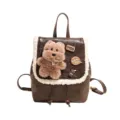 Brown mini PU leather backpack with white plush trim and cute fluffy bear plush toy design. - Coffee Brown
