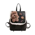 Mini black faux leather backpack with plush bear and sherpa trim stylish cute casual daypack - Black