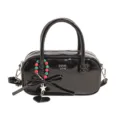 Black Patent Leather Bowling Bag with Ribbon and Beaded Charm Retro Handbag Casual Shoulder Bag - Black